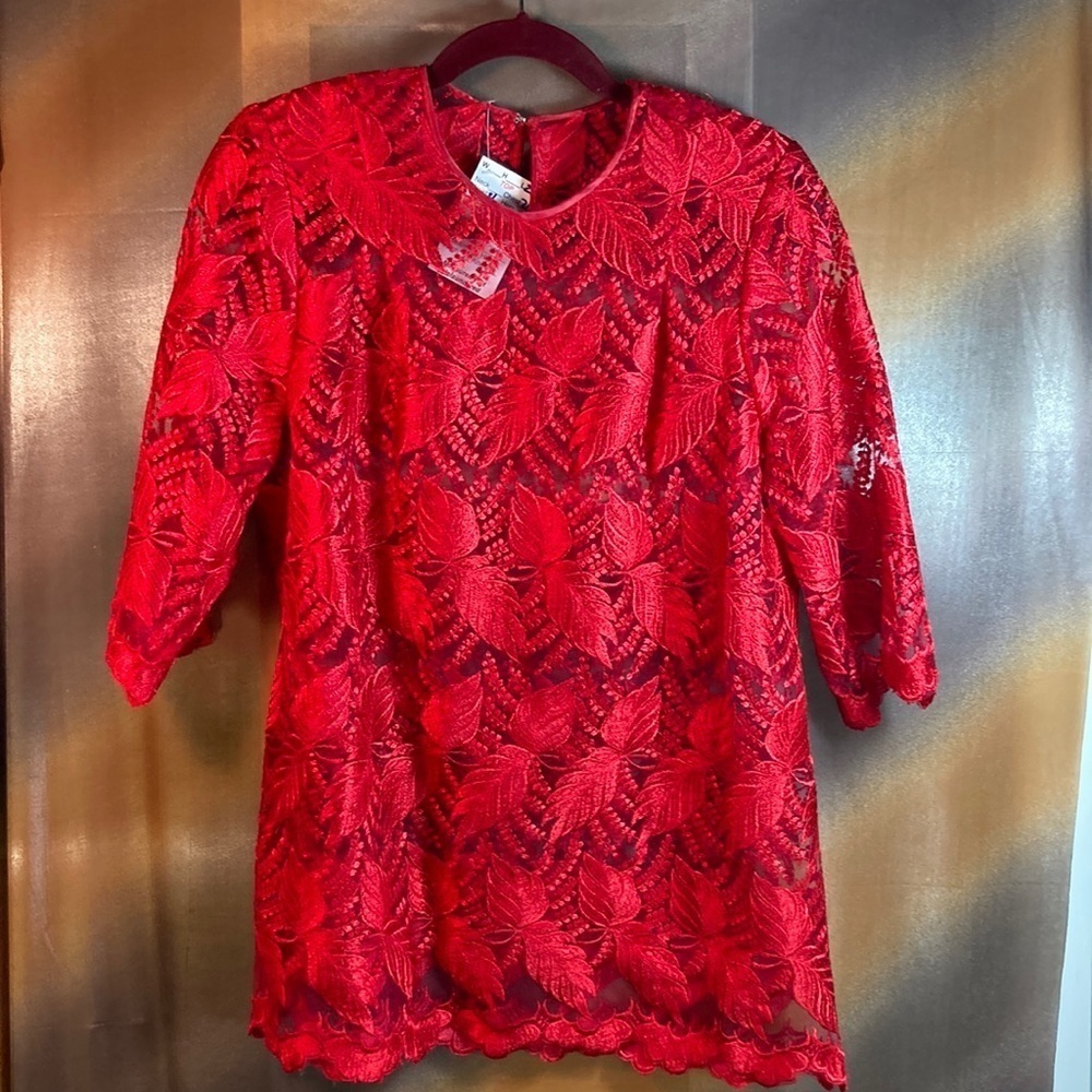 TAILOR made red lace top. Stunning see thru blouse. 42” chest 42” waist 122